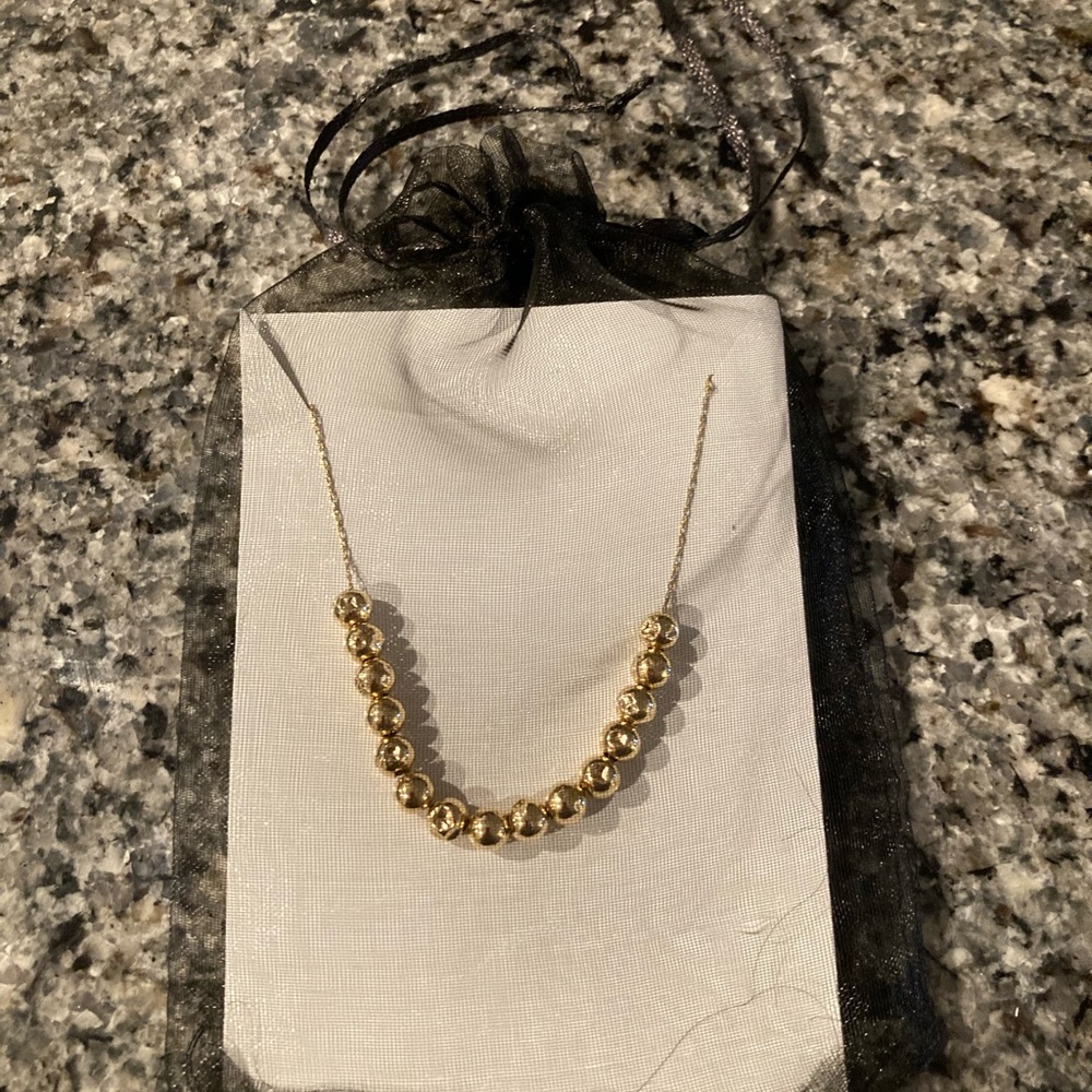 14K yellow gold beaded necklace with chain, vintage, with jewelry bag